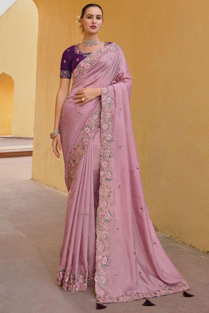 Creative Border Work On Saree In Lavender Color Organza Silk Fabric