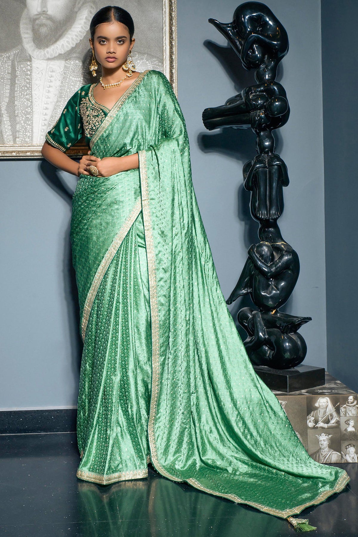 Excellent Silk Fabric Sea Green Color Saree With Embroidered Work