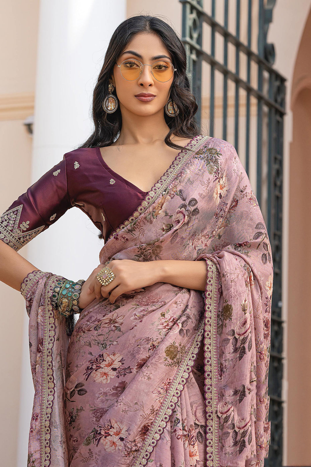 Beguiling Printed Work On Pink Color Viscose Fabric Saree | Buy Online India