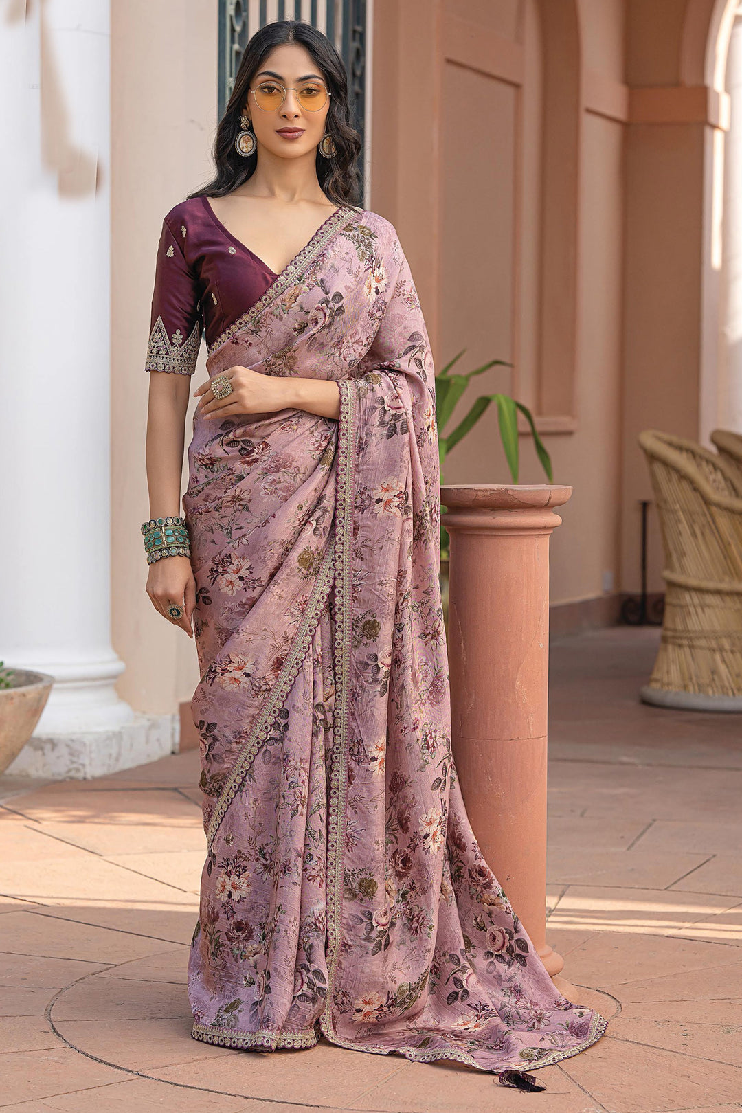 Beguiling Printed Work On Pink Color Viscose Fabric Saree | Buy Online India