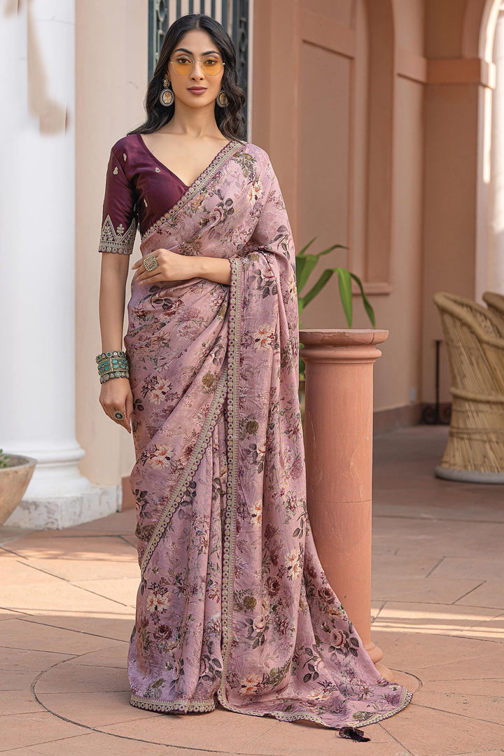 Beguiling Printed Work On Pink Color Viscose Fabric Saree | Buy Online India