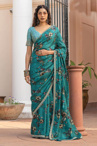 Viscose Fabric Sea Green Color Delicate Saree With Printed Work