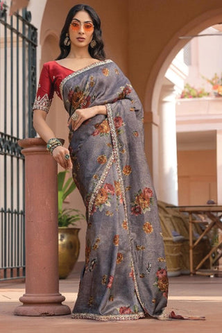 Engaging Grey Color Viscose Fabric Saree With Printed Work