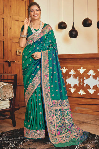 Green Color Enthralling Weaving Designs Saree In Silk Fabric