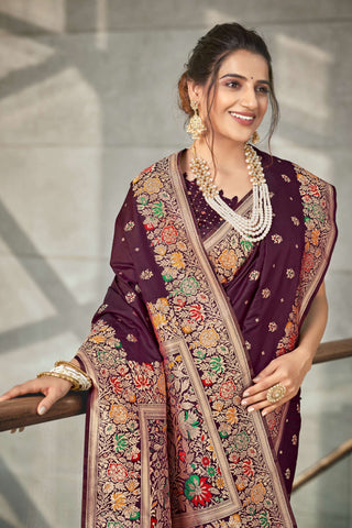 Marvelous Silk Fabric Weaving Designs Saree In Brown Color