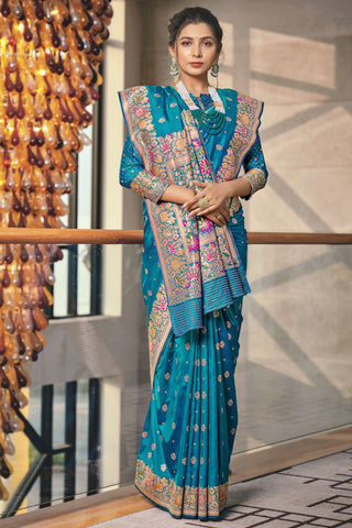 Attractive Silk Fabric Cyan Color Saree With Weaving Designs