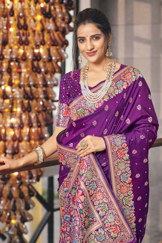 Weaving Designs On Purple Color Silk Fabric Riveting Saree