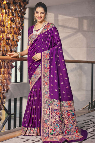 Weaving Designs On Purple Color Silk Fabric Riveting Saree