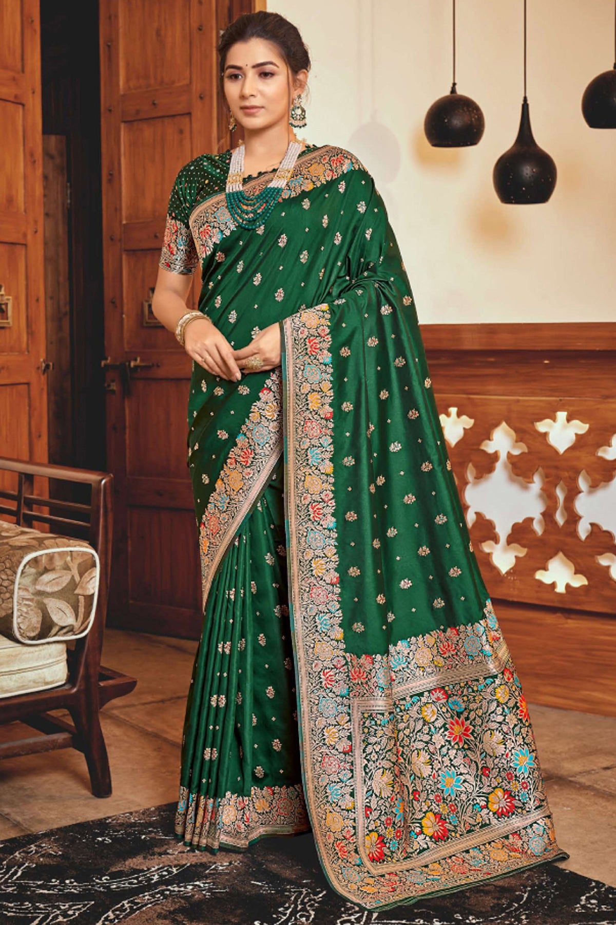 Silk Fabric Green Color Pleasance Weaving Designs Saree