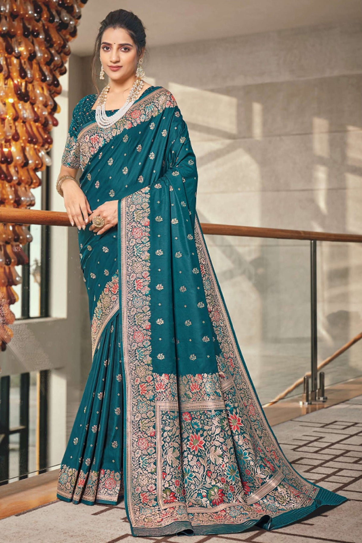 Teal Color Silk Fabric Beauteous Saree With Weaving Designs