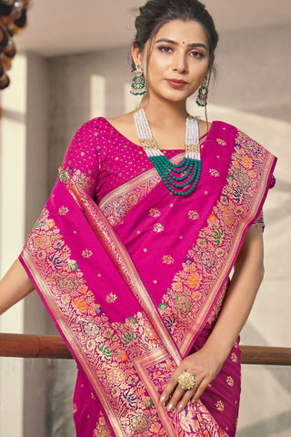 Silk Fabric Rani Color Intriguing Saree With Weaving Designs