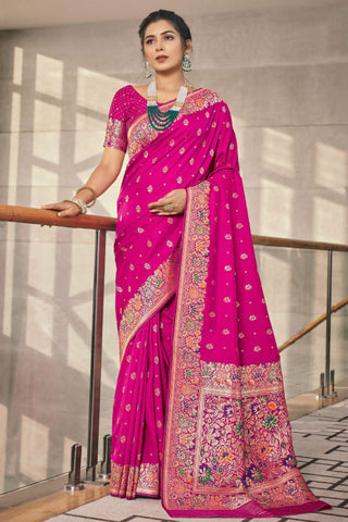 Silk Fabric Rani Color Intriguing Saree With Weaving Designs