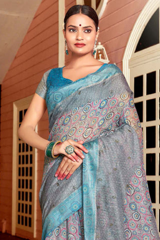 Grey Color Printed Work Glamorous Art Silk Fabric Saree