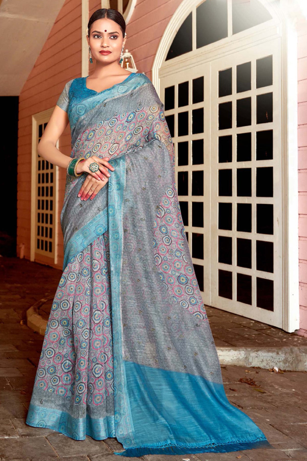 Grey Color Printed Work Glamorous Art Silk Fabric Saree