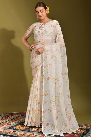 Linen Fabric White Color Pleasance Printed Work Saree