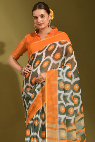 Printed Work On Linen Fabric Bewitching Saree In Multi Color