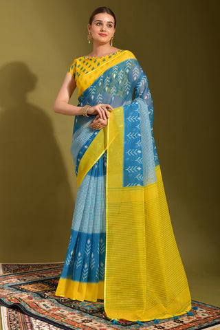 Printed Work On Sky Blue Color Linen Fabric Princely Saree