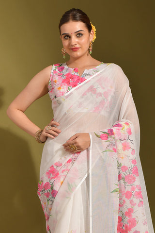 White Color Linen Fabric Engaging Printed Saree