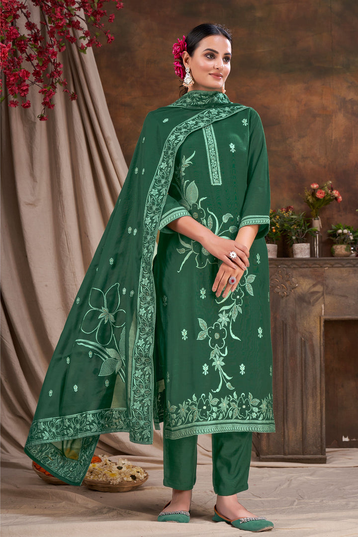 Jacquard Fabric Captivating Green Color Readymade Salwar Suit