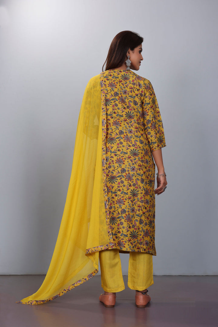Marvellous Digital Printed Work On Muslin Fabric Readymade Salwar Suit In Yellow Color