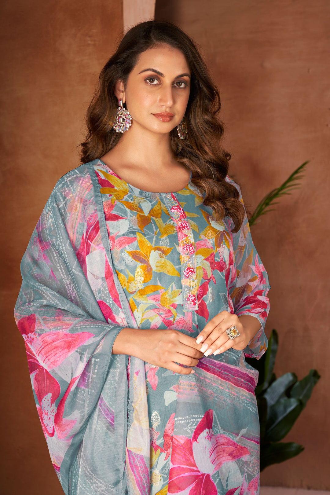 Amazing Grey Color Organza Fabric Readymade Salwar Suit With Digital Printed Work
