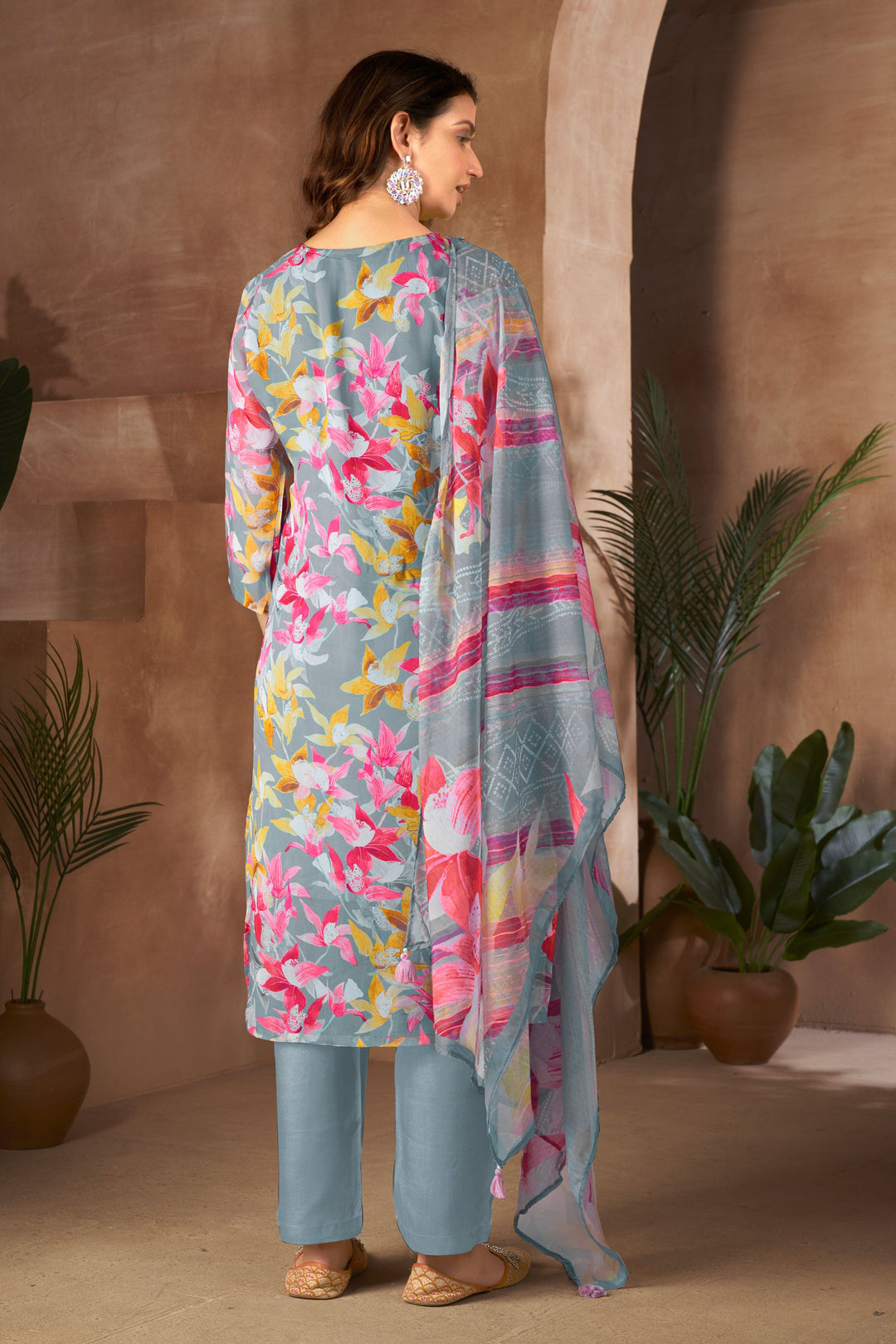 Amazing Grey Color Organza Fabric Readymade Salwar Suit With Digital Printed Work