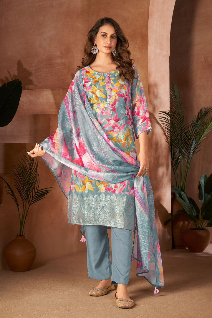 Amazing Grey Color Organza Fabric Readymade Salwar Suit With Digital Printed Work