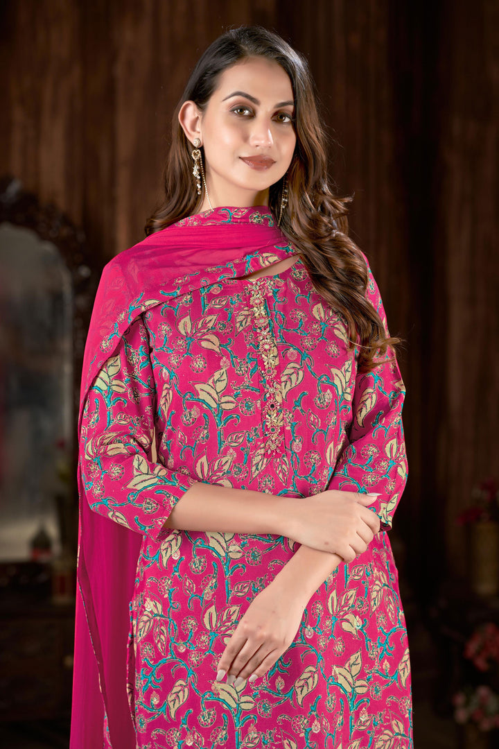 Sober Rani Color Muslin Fabric Readymade Salwar Suit With Digital Printed Work