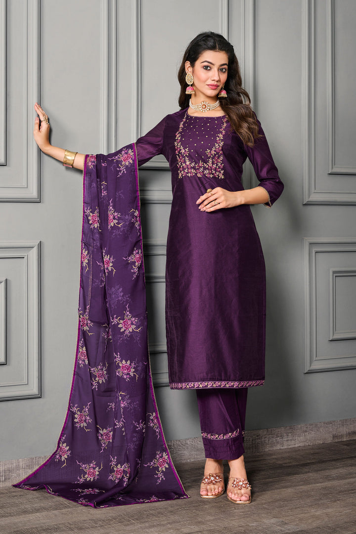 Glorious Festive Wear Purple Color Cotton Silk Readymade Salwar Suit