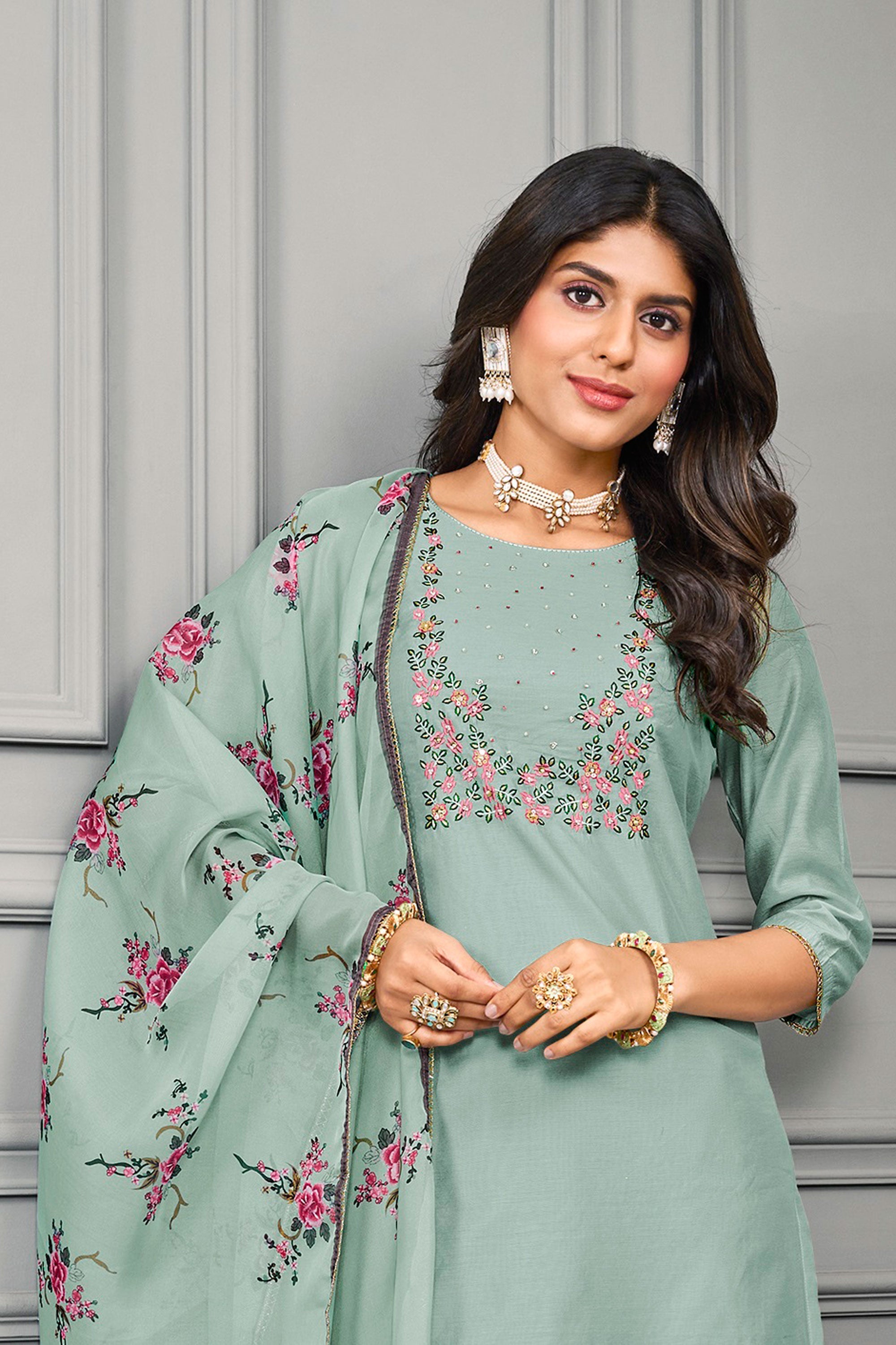 Attractive Festive Wear Sea Green Color Cotton Silk Readymade Salwar Suit