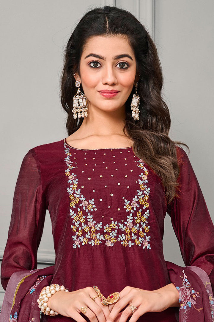Radiant Maroon Color Festive Wear Cotton Silk Readymade Salwar Suit