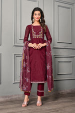 Load image into Gallery viewer, Radiant Maroon Color Festive Wear Cotton Silk Readymade Salwar Suit
