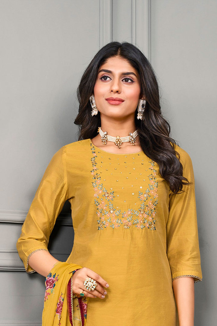 Blazing Yellow Color Festive Wear Cotton Silk Readymade Salwar Suit