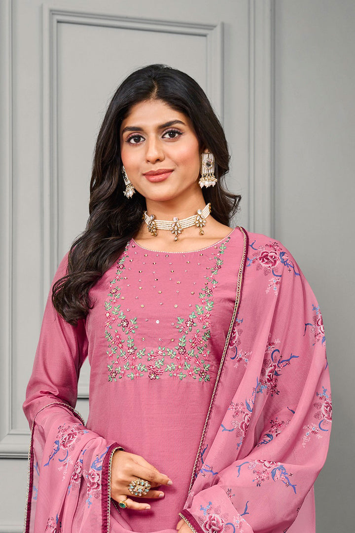 Graceful Festive Wear Pink Color Cotton Silk Readymade Salwar Suit