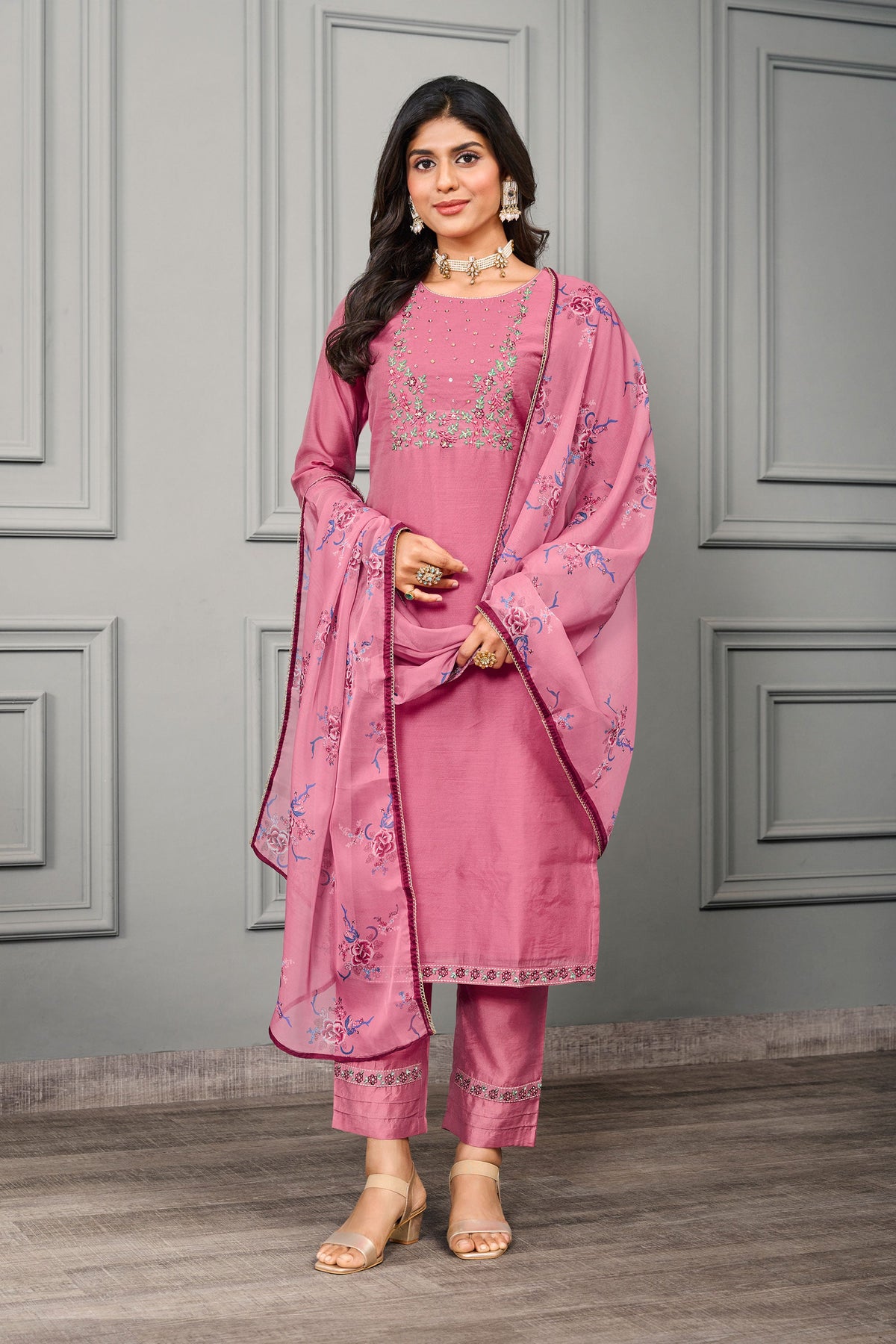 Graceful Festive Wear Pink Color Cotton Silk Readymade Salwar Suit