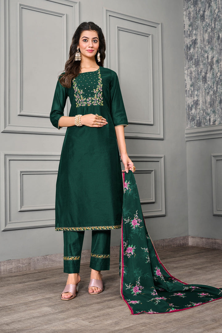Festive Wear Enticing Dark Green Color Cotton Silk Readymade Salwar Suit