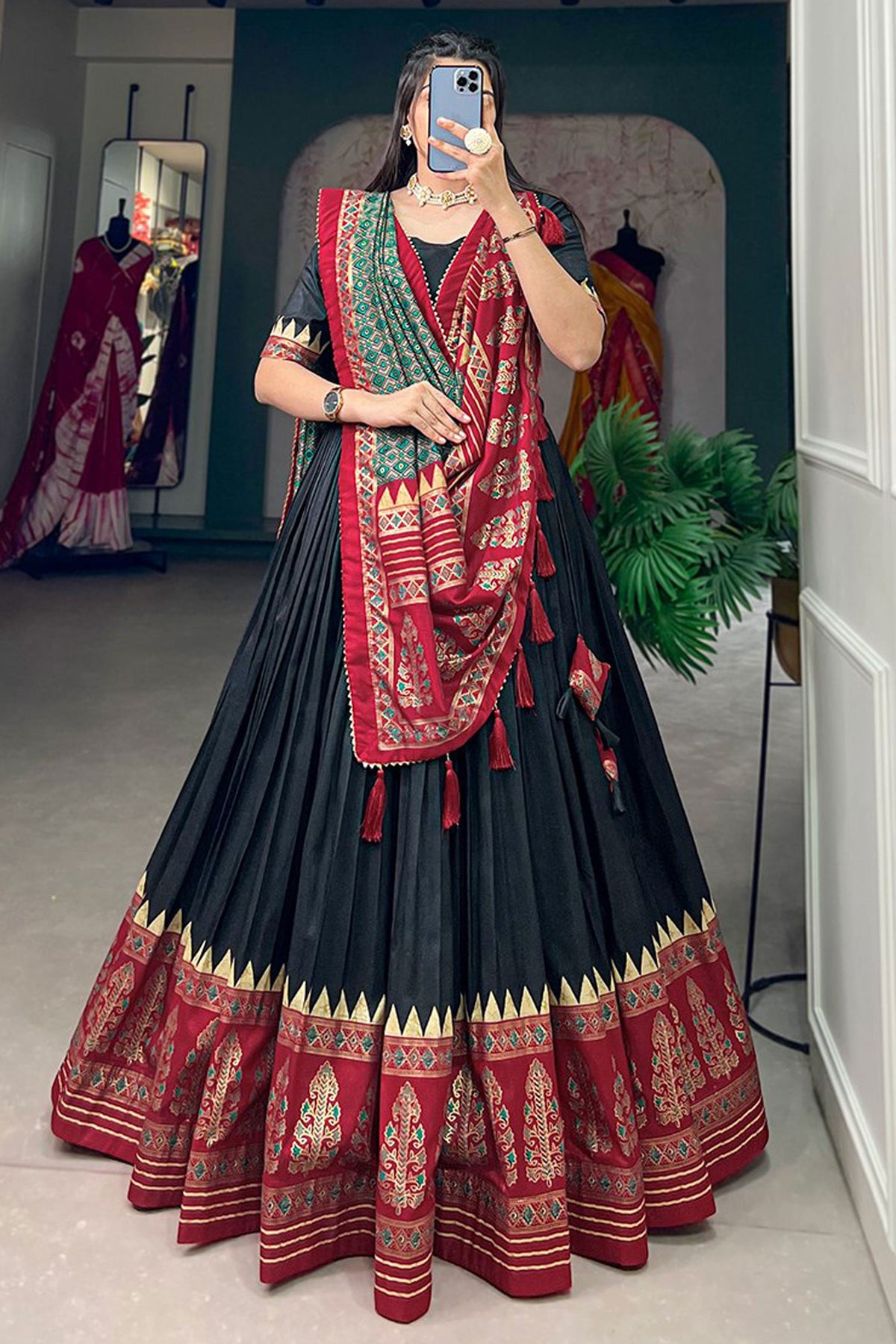 Tempting Art Silk Fabric Black Color Lehenga Choli With Foil Printed Work