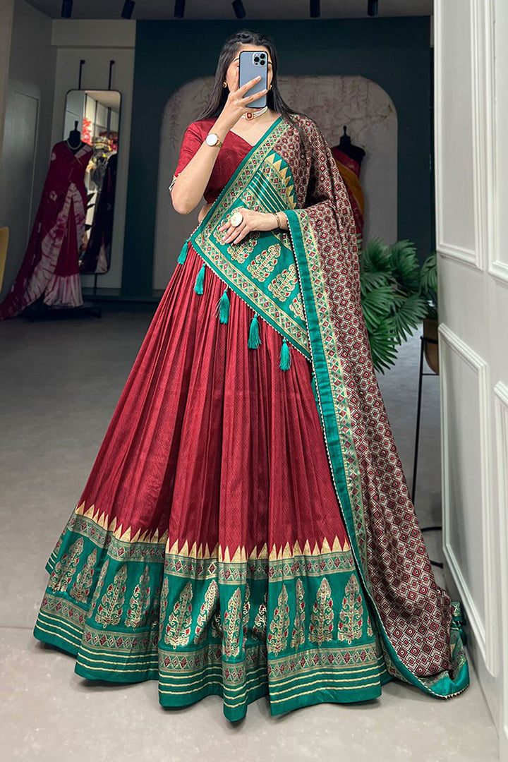 Art Silk Fabric Red Color Lehenga Choli With Winsome Foil Printed Work