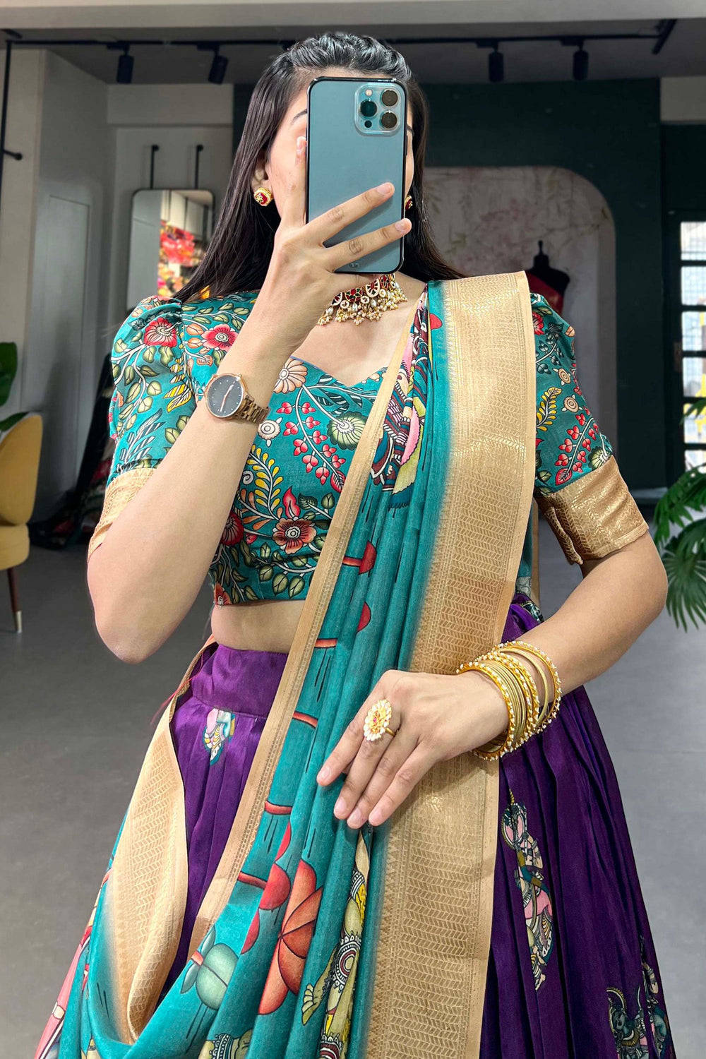 Excellent Dola Silk Fabric Cream Color kalamkari printed Lehenga | Buy Online India