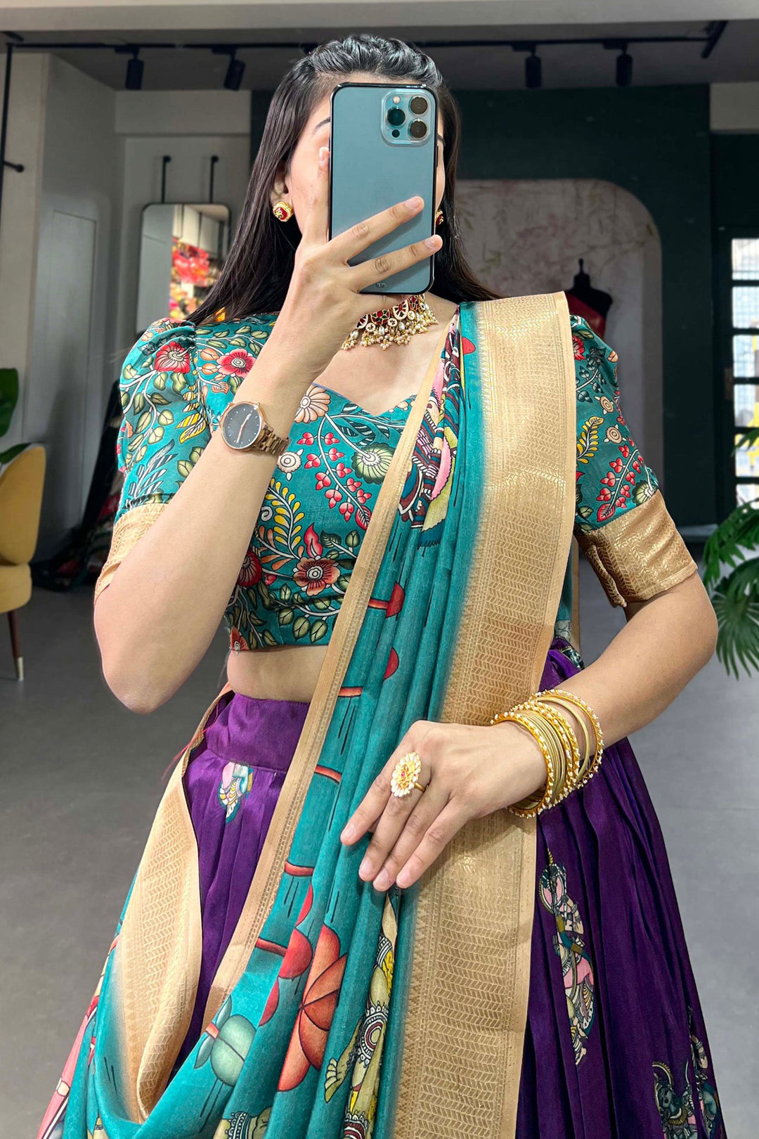 Excellent Dola Silk Fabric Cream Color kalamkari printed Lehenga | Buy Online India