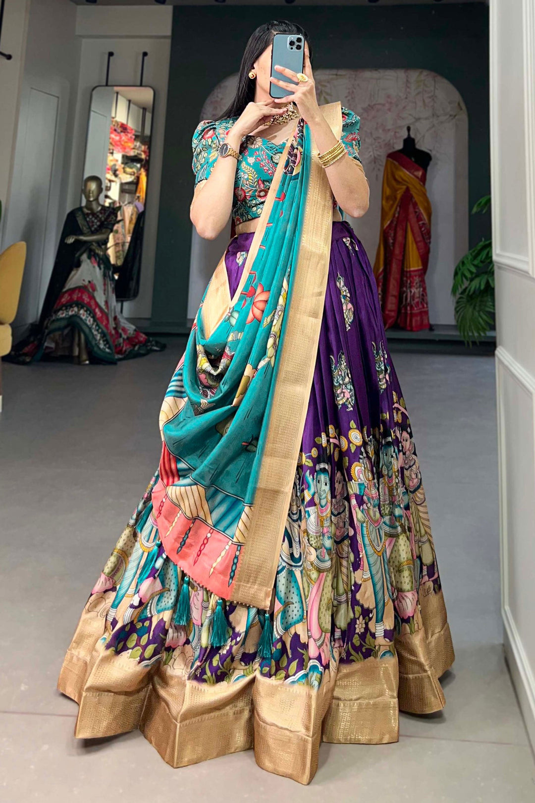 Excellent Dola Silk Fabric Cream Color kalamkari printed Lehenga | Buy Online India