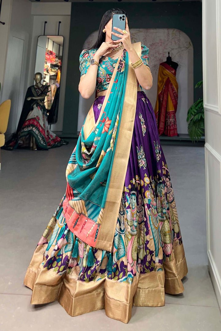 Excellent Dola Silk Fabric Cream Color kalamkari printed Lehenga | Buy Online India