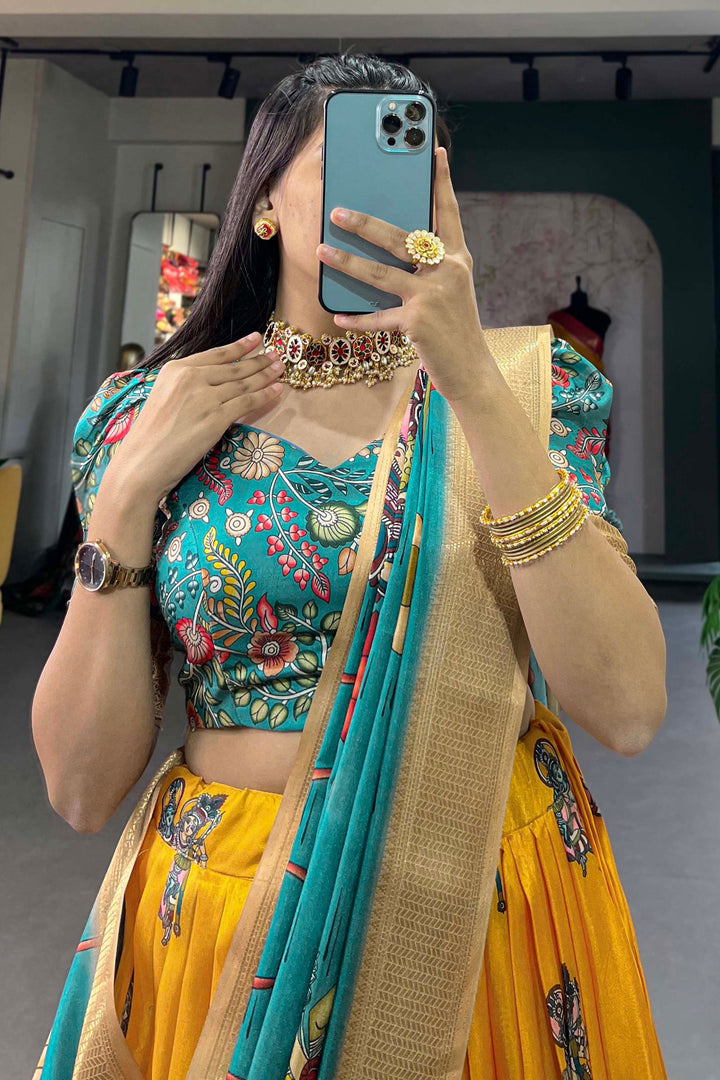 Incredible Dola Silk Fabric Yellow Color kalamkari printed Lehenga | Buy Online India