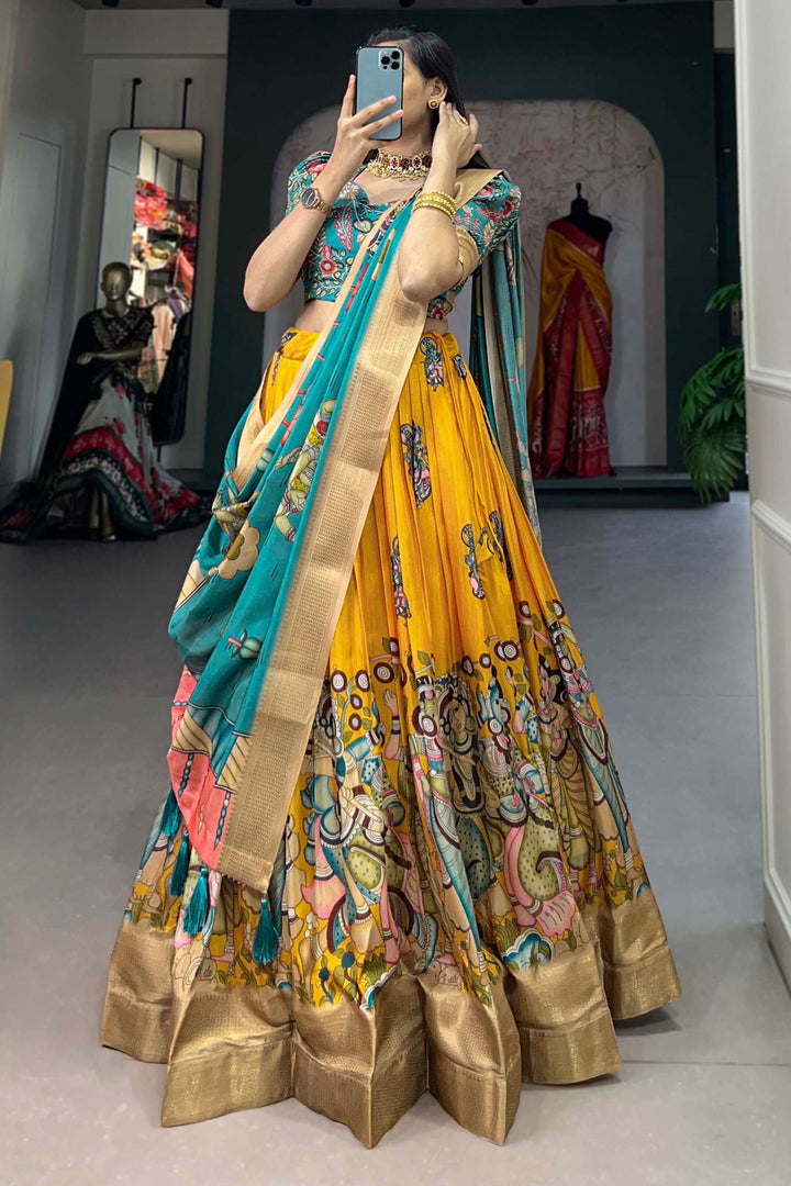 Incredible Dola Silk Fabric Yellow Color kalamkari printed Lehenga | Buy Online India