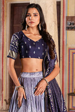 Load image into Gallery viewer, Navy Blue Color Exquisite Foil Printed Work Lehenga In Art Silk Fabric

