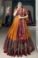 Load image into Gallery viewer, Art Silk Fabric Captivating Mustard Color Foil Printed Lehenga
