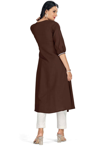 Beguiling Brown Color Rayon Fabric Readymade Embroidered Kurti