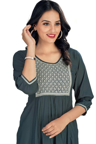 Ingenious Rayon Fabric Grey Color Readymade Embroidered Kurti