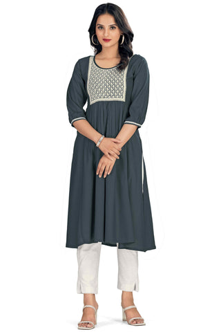 Ingenious Rayon Fabric Grey Color Readymade Embroidered Kurti