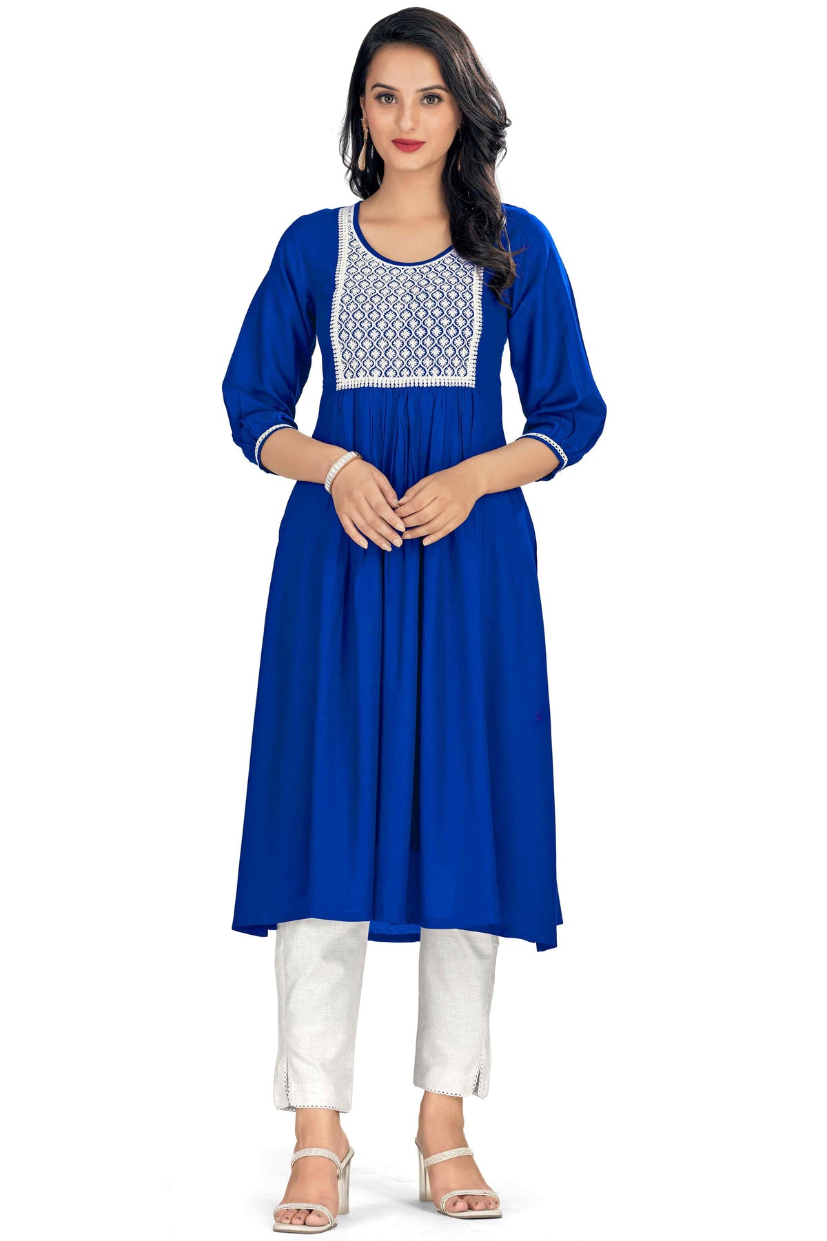 Bewitching Rayon Fabric Readymade Embroidered Kurti In Blue Color